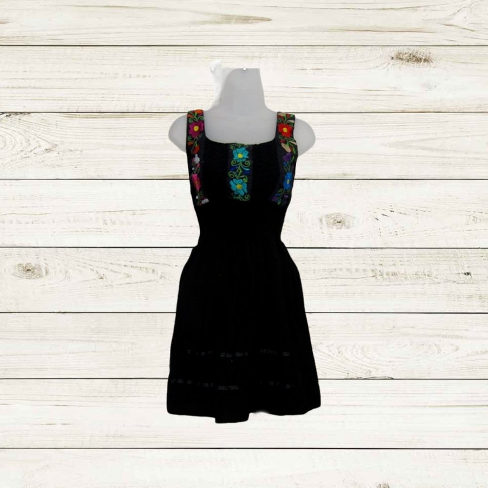 Unbranded  Size S black womens mini dressembroidered puckered adjustable